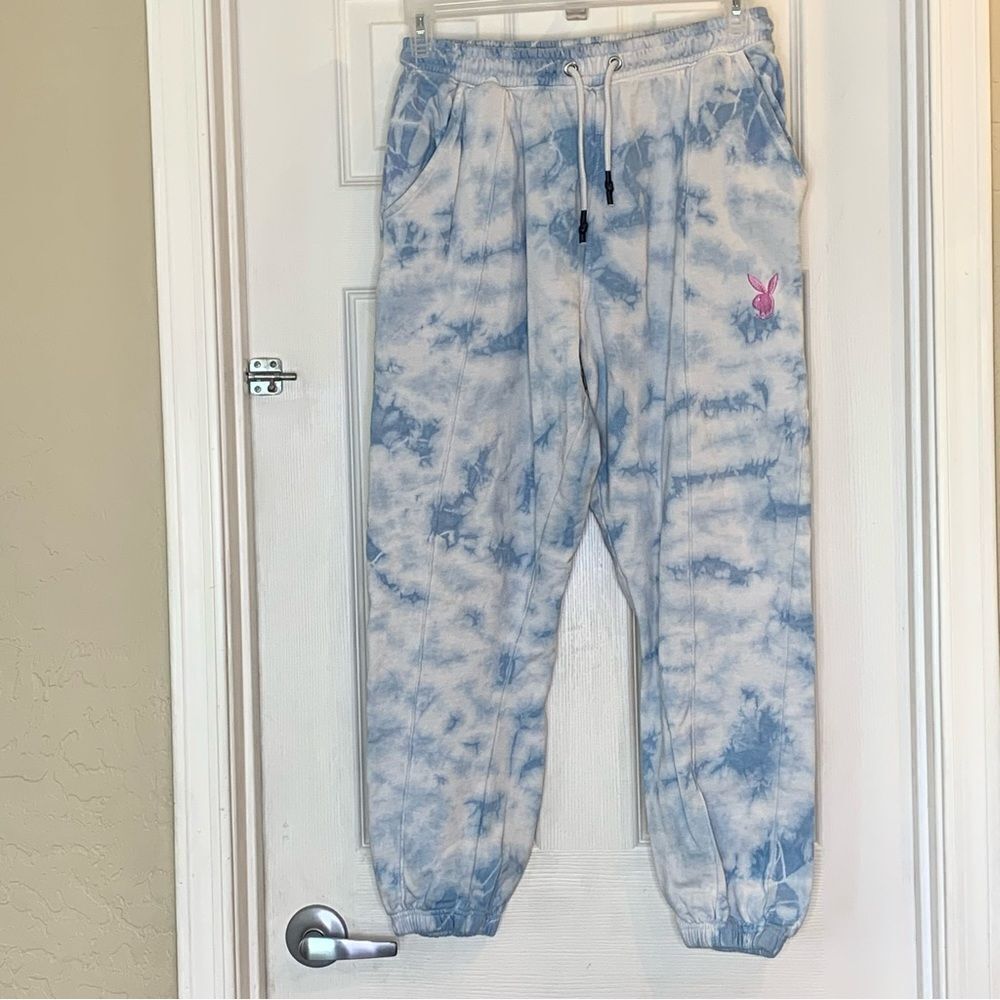 Playboy x Missguided Sweatpants Blue/White Tie Dye Size Large